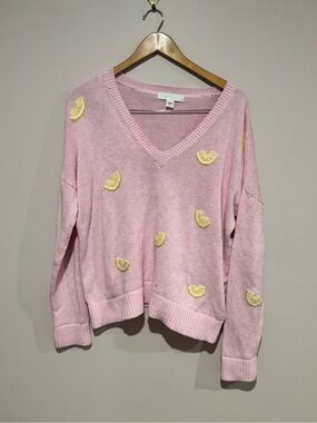Lilly Pulitzer TENSLEY SWEATER,HEATHERED pink  CHIFFON Lemon EMBROIDERY large
